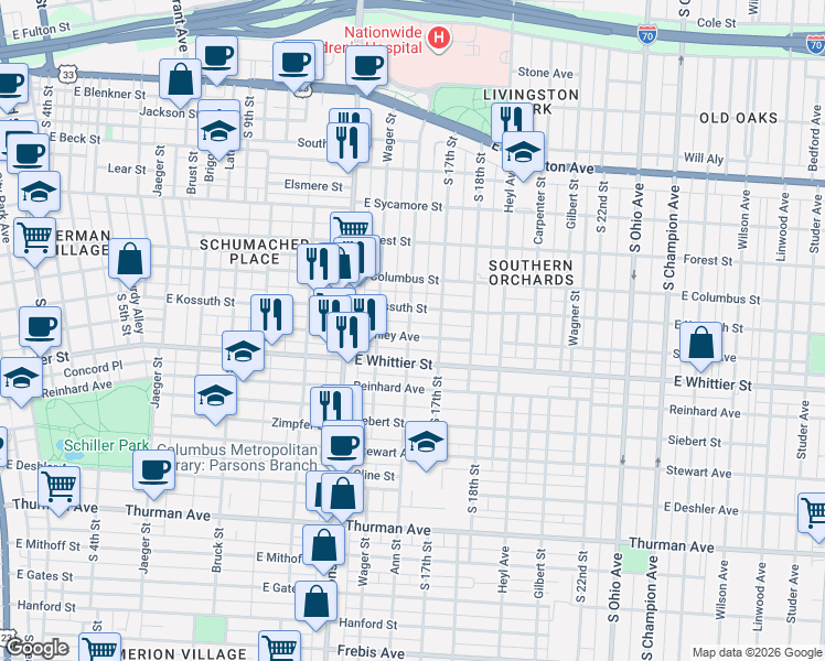 map of restaurants, bars, coffee shops, grocery stores, and more near 632 Stanley Avenue in Columbus