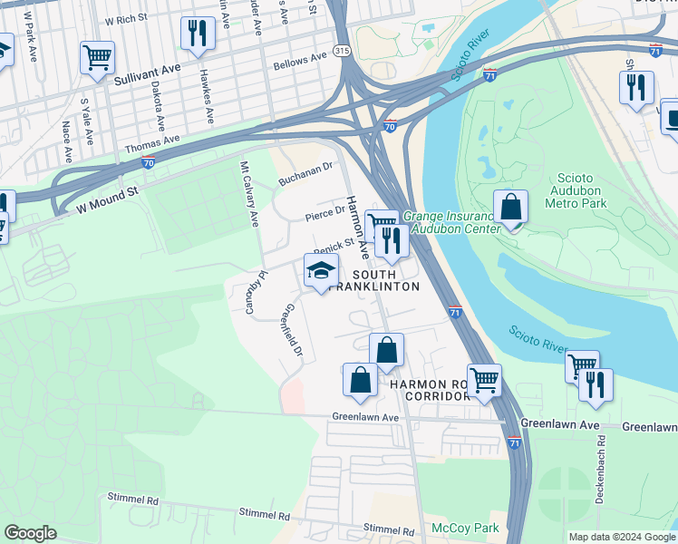 map of restaurants, bars, coffee shops, grocery stores, and more near 735 Harmon Avenue in Columbus