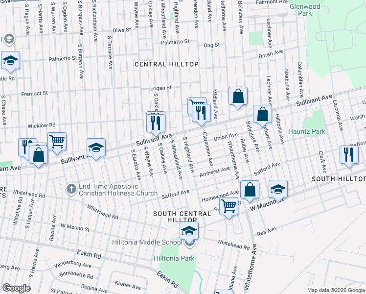map of restaurants, bars, coffee shops, grocery stores, and more near 2275 Union Avenue in Columbus