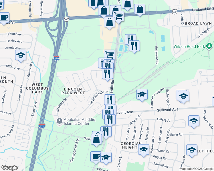 map of restaurants, bars, coffee shops, grocery stores, and more near 385 Georgesville Road in Columbus