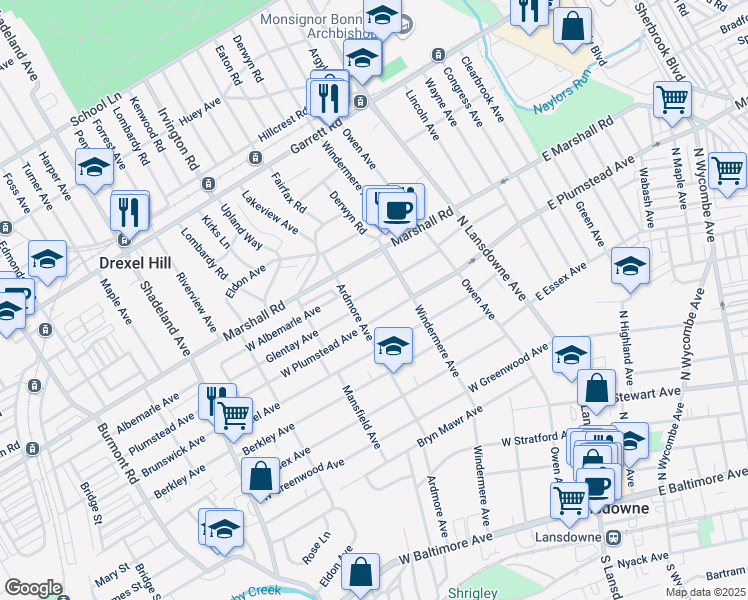 map of restaurants, bars, coffee shops, grocery stores, and more near 100 West Albemarle Avenue in Lansdowne