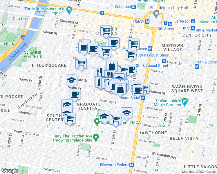 map of restaurants, bars, coffee shops, grocery stores, and more near 1710 Lombard Street in Philadelphia