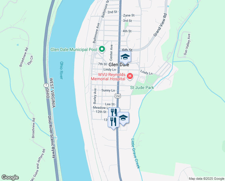 map of restaurants, bars, coffee shops, grocery stores, and more near Sunny Ln in Glen Dale