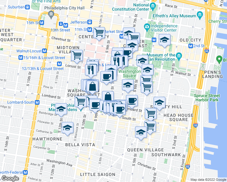 map of restaurants, bars, coffee shops, grocery stores, and more near 727 Delancey Street in Philadelphia