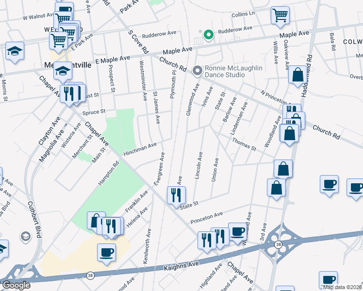 map of restaurants, bars, coffee shops, grocery stores, and more near 308 Monroe Avenue in Cherry Hill