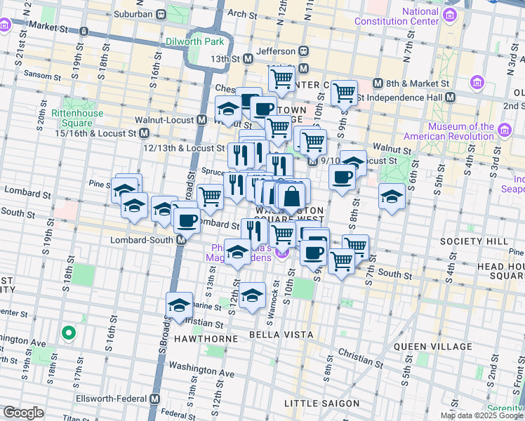map of restaurants, bars, coffee shops, grocery stores, and more near in Philadelphia