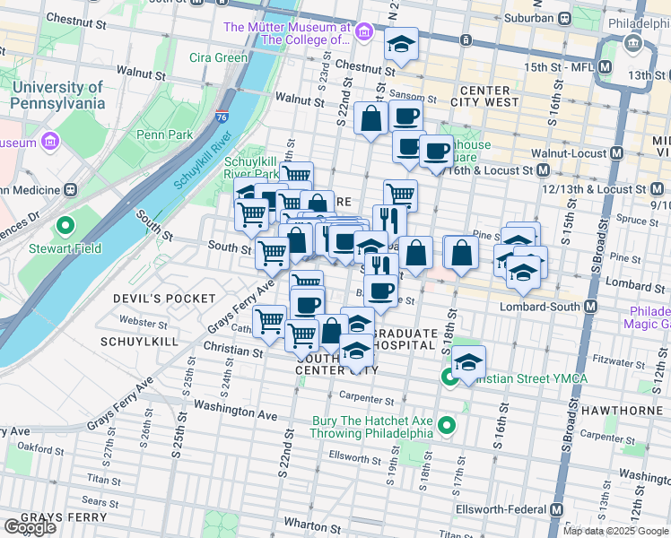 map of restaurants, bars, coffee shops, grocery stores, and more near 2120 South Street in Philadelphia