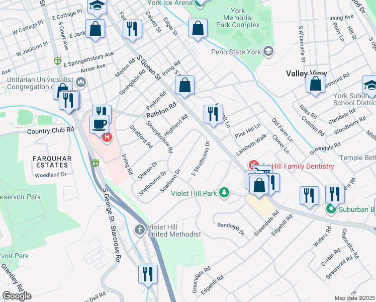 map of restaurants, bars, coffee shops, grocery stores, and more near 175 Scarboro Drive in York
