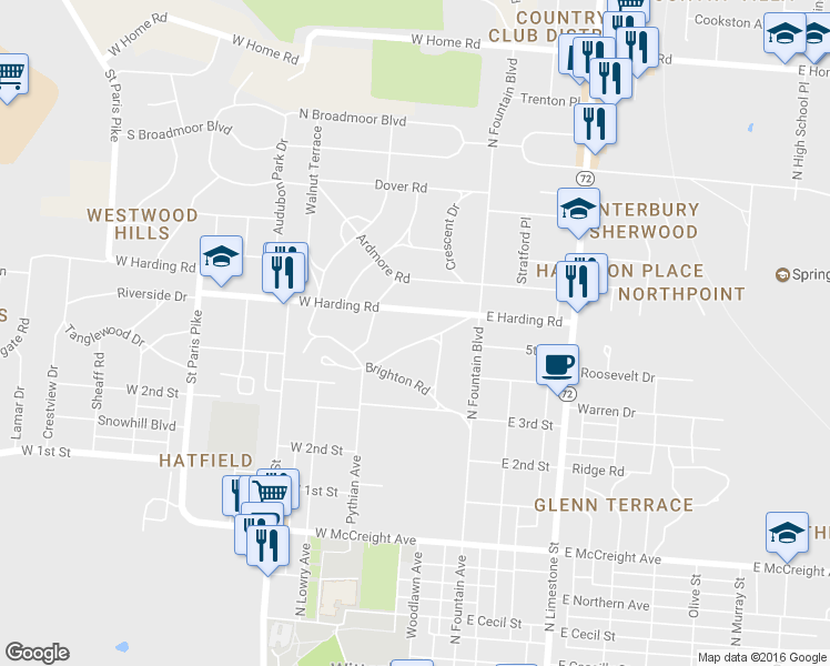 map of restaurants, bars, coffee shops, grocery stores, and more near 124 Hawthorne Road in Springfield