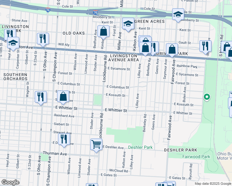 map of restaurants, bars, coffee shops, grocery stores, and more near 1036 Miller Avenue in Columbus