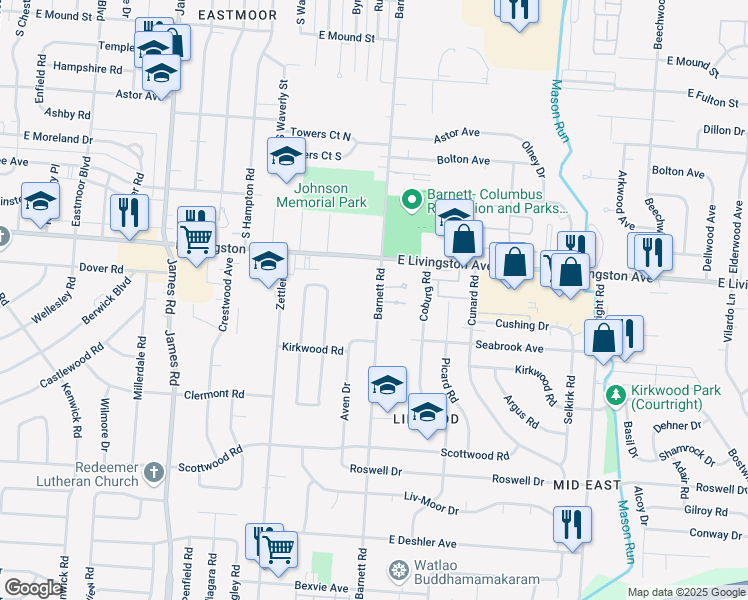map of restaurants, bars, coffee shops, grocery stores, and more near 1315 Barnett Road in Columbus