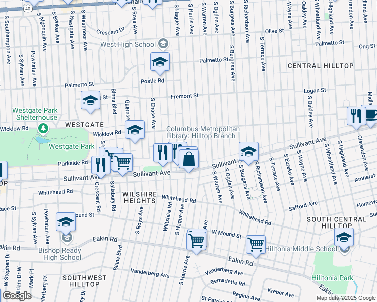 map of restaurants, bars, coffee shops, grocery stores, and more near 482 S Hague Ave in Columbus