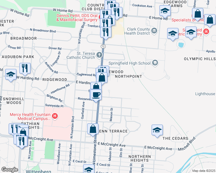 map of restaurants, bars, coffee shops, grocery stores, and more near 1696 North Limestone Street in Springfield