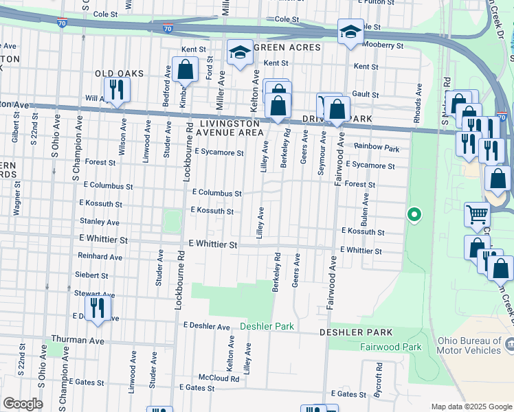 map of restaurants, bars, coffee shops, grocery stores, and more near 1051 Lilley Avenue in Columbus