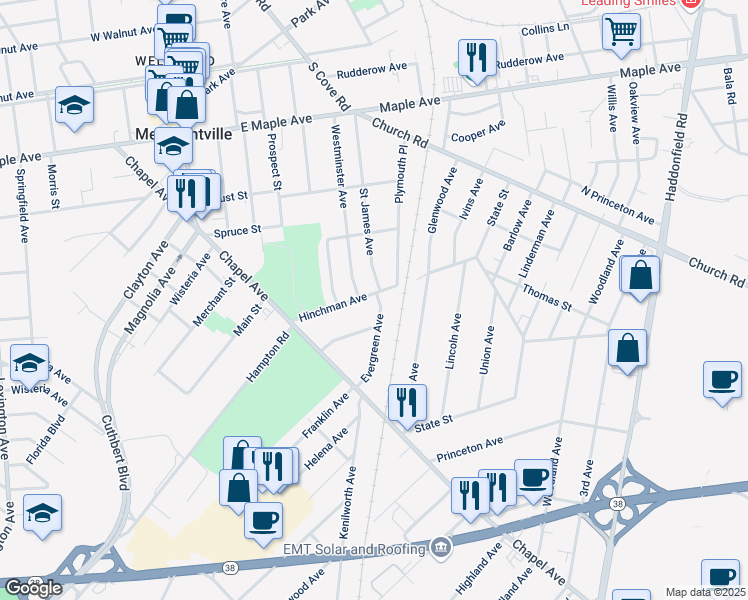 map of restaurants, bars, coffee shops, grocery stores, and more near 300 Evergreen Avenue in Cherry Hill