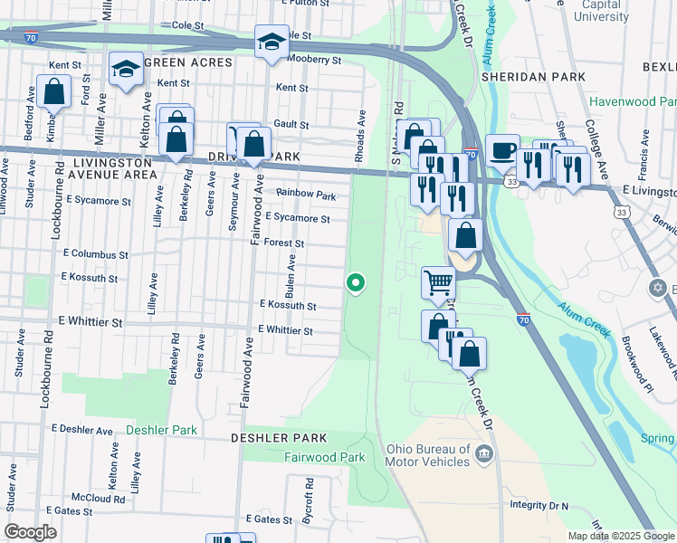 map of restaurants, bars, coffee shops, grocery stores, and more near 1753 East Frankfort Street in Columbus
