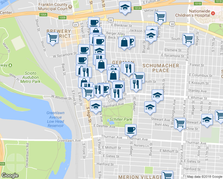 map of restaurants, bars, coffee shops, grocery stores, and more near 131 Lansing Street in Columbus