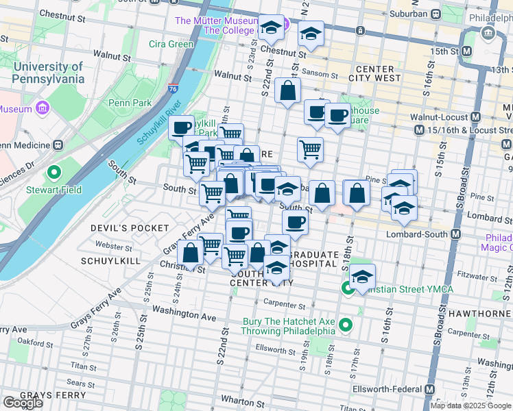 map of restaurants, bars, coffee shops, grocery stores, and more near 2130 South Street in Philadelphia