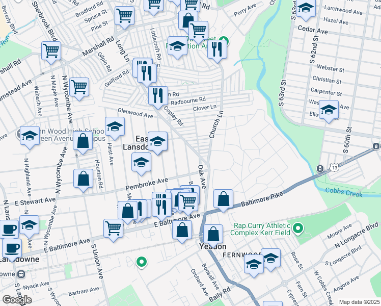 map of restaurants, bars, coffee shops, grocery stores, and more near 136 Beverly Avenue in East Lansdowne