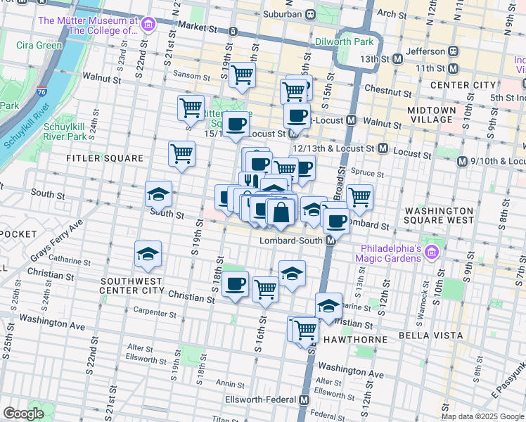map of restaurants, bars, coffee shops, grocery stores, and more near 1634 Lombard Street in Philadelphia