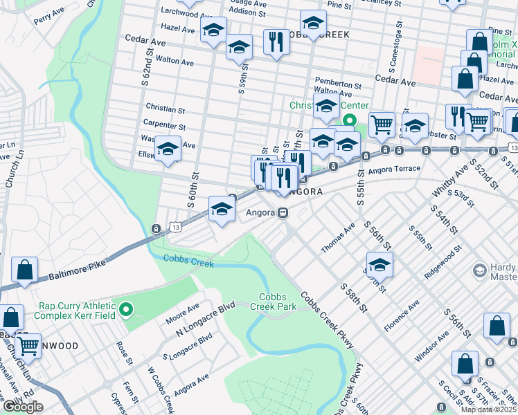 map of restaurants, bars, coffee shops, grocery stores, and more near 5810 Cedarhurst Street in Philadelphia