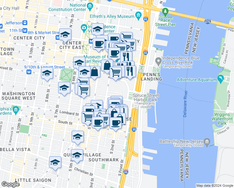 map of restaurants, bars, coffee shops, grocery stores, and more near 220 Locust Street in Philadelphia