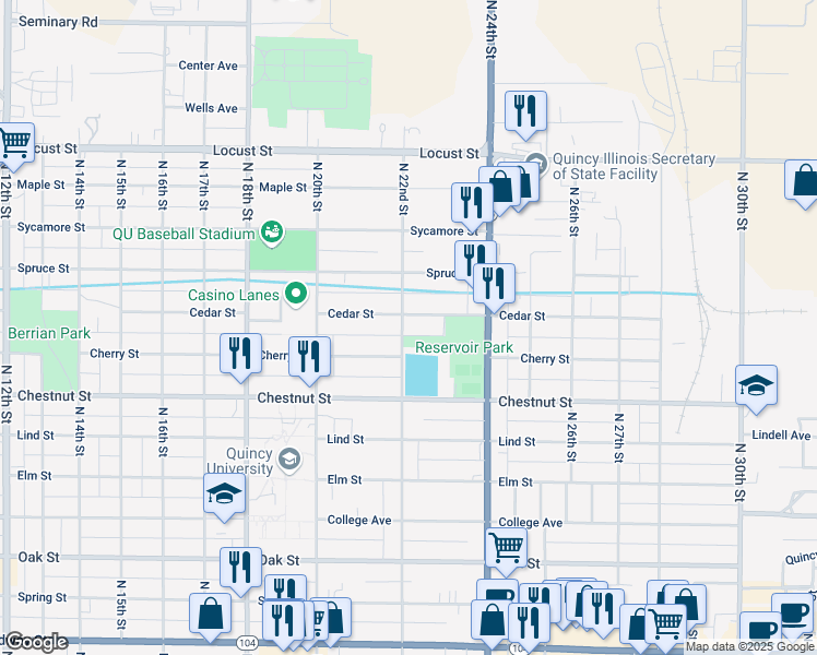 map of restaurants, bars, coffee shops, grocery stores, and more near 1126 North 22nd Street in Quincy