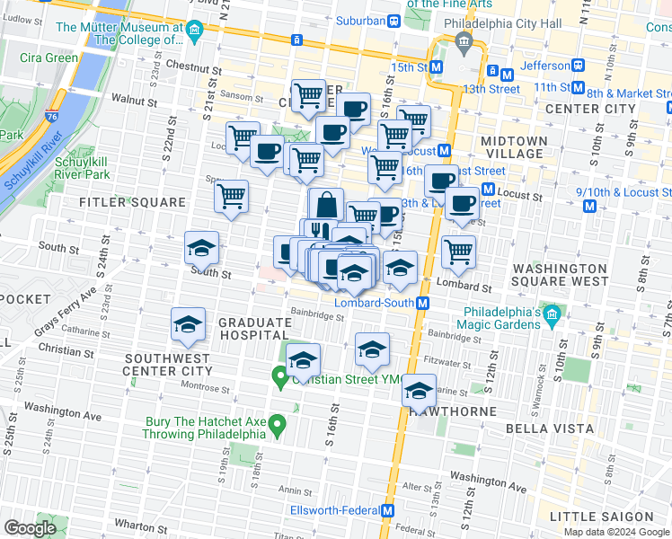 map of restaurants, bars, coffee shops, grocery stores, and more near 1632 Lombard Street in Philadelphia