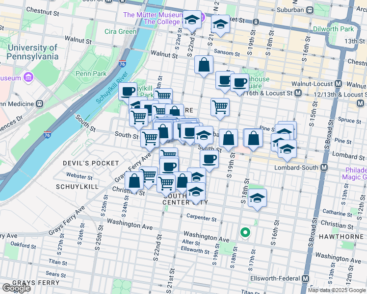 map of restaurants, bars, coffee shops, grocery stores, and more near 2124 South Street in Philadelphia