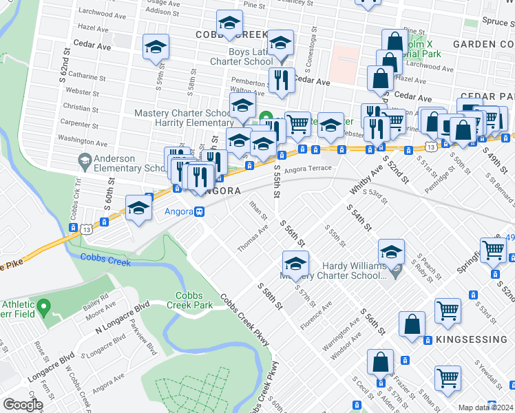 map of restaurants, bars, coffee shops, grocery stores, and more near 1023 South Ithan Street in Philadelphia