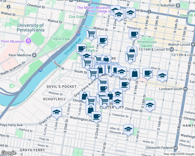 map of restaurants, bars, coffee shops, grocery stores, and more near 2300 Grays Ferry Avenue in Philadelphia