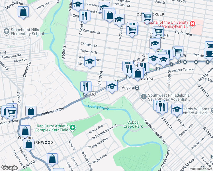 map of restaurants, bars, coffee shops, grocery stores, and more near 5915 Baltimore Avenue in Philadelphia