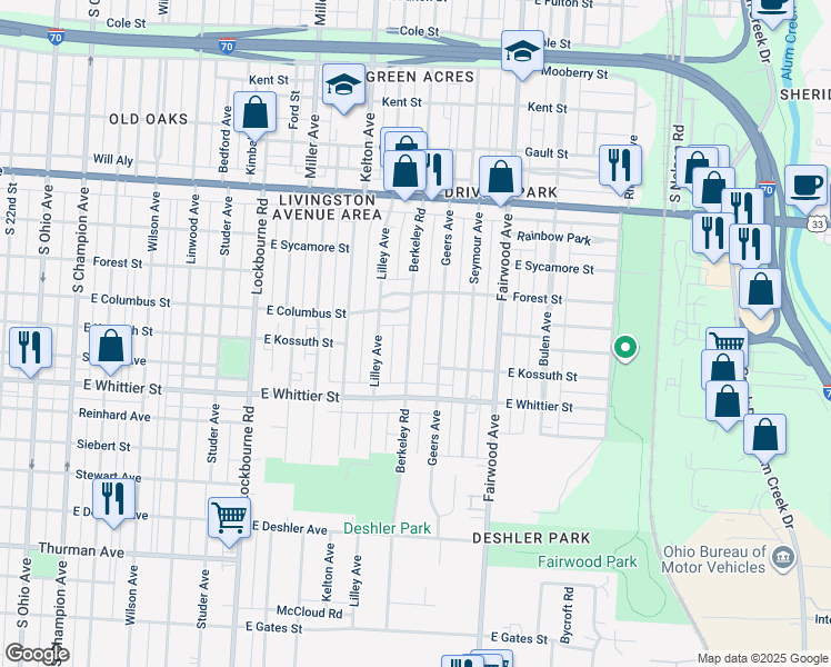 map of restaurants, bars, coffee shops, grocery stores, and more near 1058 Berkeley Road in Columbus