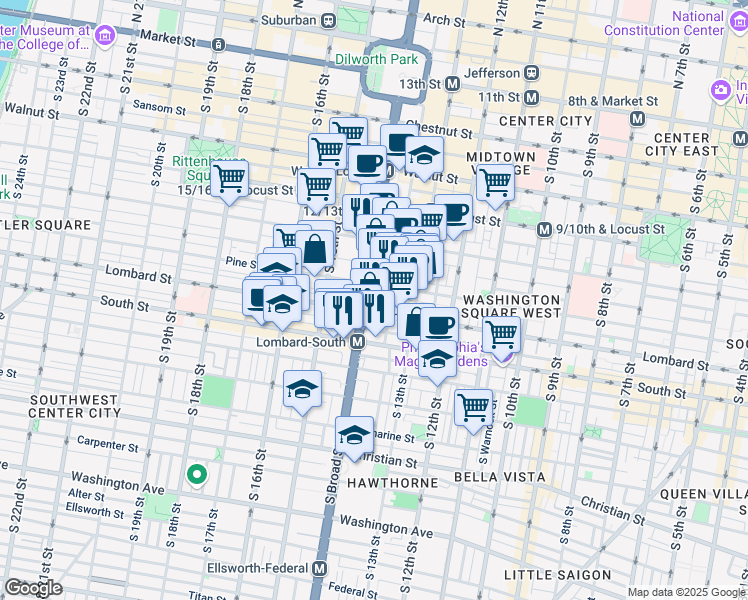 map of restaurants, bars, coffee shops, grocery stores, and more near 415 South Broad Street in Philadelphia