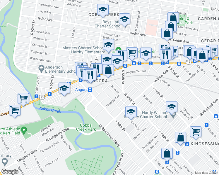 map of restaurants, bars, coffee shops, grocery stores, and more near 1005 South Frazier Street in Philadelphia