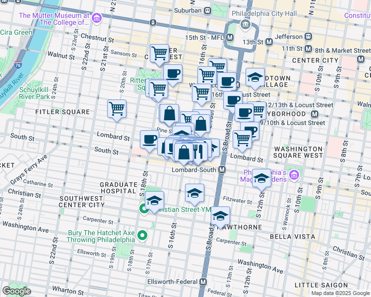 map of restaurants, bars, coffee shops, grocery stores, and more near 1600 Lombard Street in Philadelphia