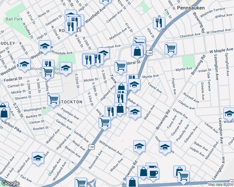 map of restaurants, bars, coffee shops, grocery stores, and more near 5540 Woodland Avenue in Pennsauken Township