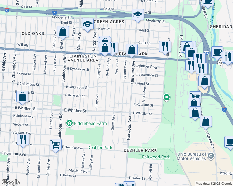 map of restaurants, bars, coffee shops, grocery stores, and more near 1062 Geers Avenue in Columbus