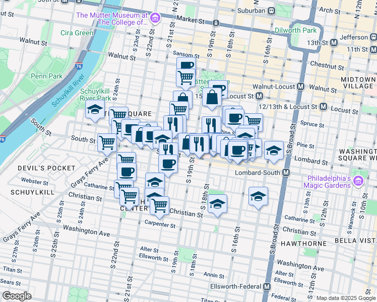 map of restaurants, bars, coffee shops, grocery stores, and more near 1907 Rodman Street in Philadelphia