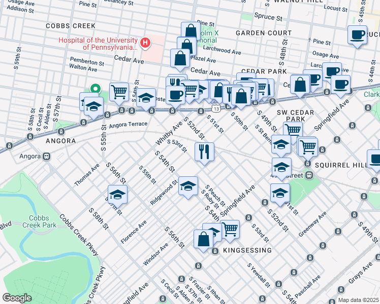 map of restaurants, bars, coffee shops, grocery stores, and more near 1017 South 53rd Street in Philadelphia