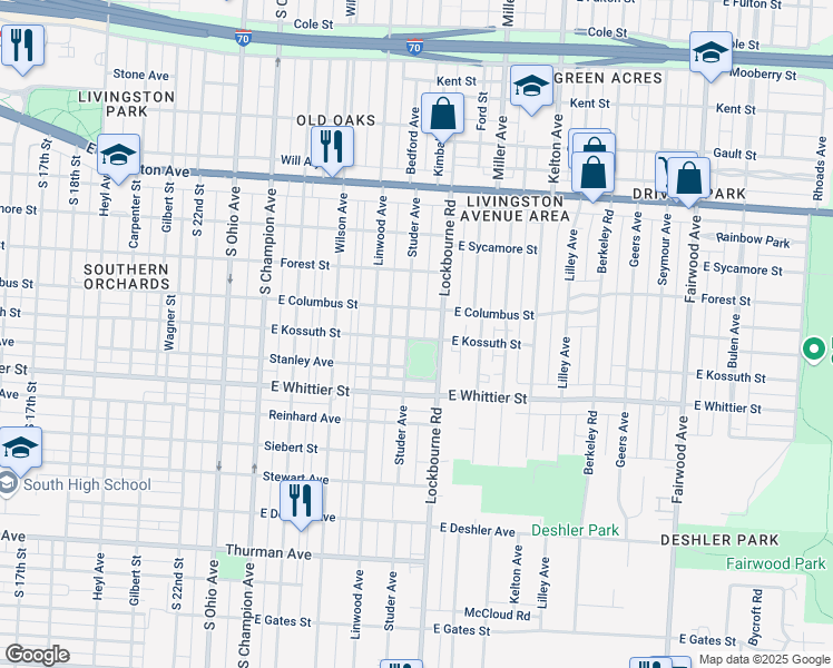 map of restaurants, bars, coffee shops, grocery stores, and more near 1017 Studer Avenue in Columbus