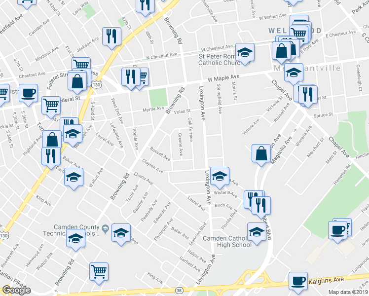 map of restaurants, bars, coffee shops, grocery stores, and more near 4758 Greene Avenue in Pennsauken Township