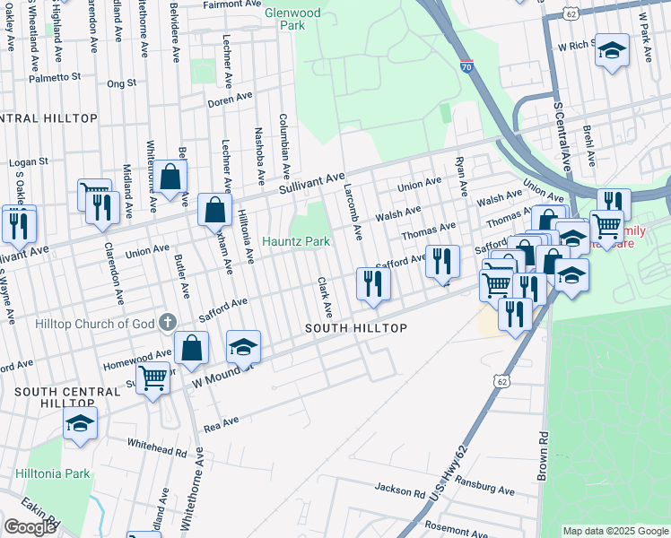 map of restaurants, bars, coffee shops, grocery stores, and more near 547 Woodbury Avenue in Columbus