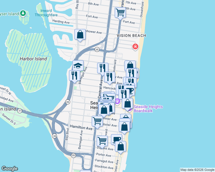 map of restaurants, bars, coffee shops, grocery stores, and more near 132 Hancock Avenue in Seaside Heights