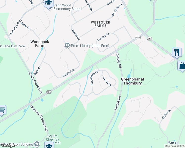 map of restaurants, bars, coffee shops, grocery stores, and more near 18 Portsmouth Circle in Glen Mills