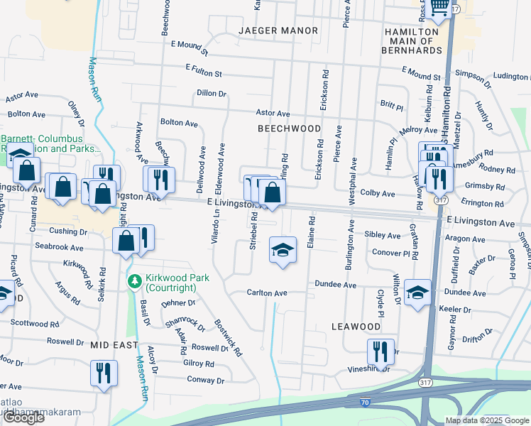 map of restaurants, bars, coffee shops, grocery stores, and more near 4049 East Livingston Avenue in Columbus