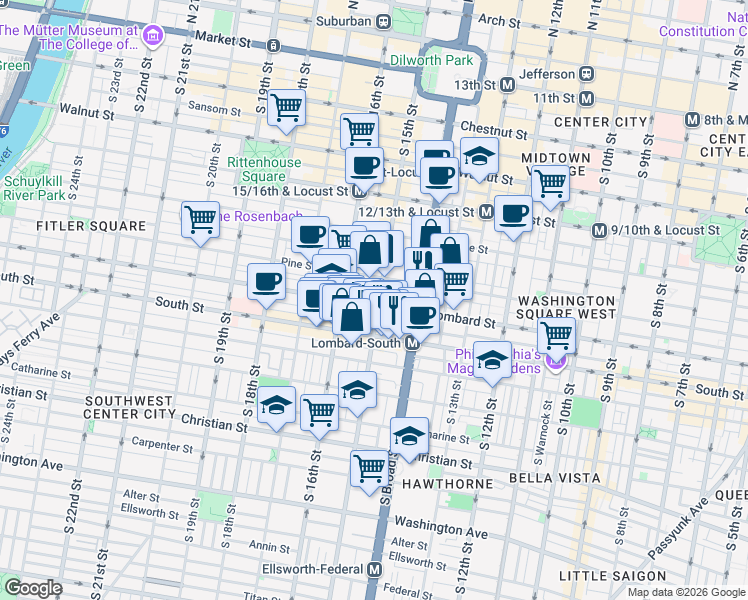 map of restaurants, bars, coffee shops, grocery stores, and more near 420 South 15th Street in Philadelphia