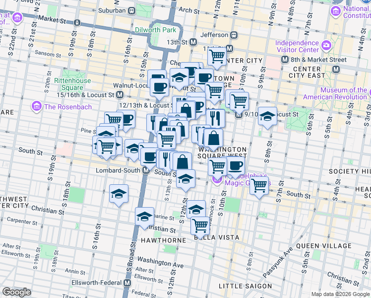 map of restaurants, bars, coffee shops, grocery stores, and more near 1214 Pine Street in Philadelphia