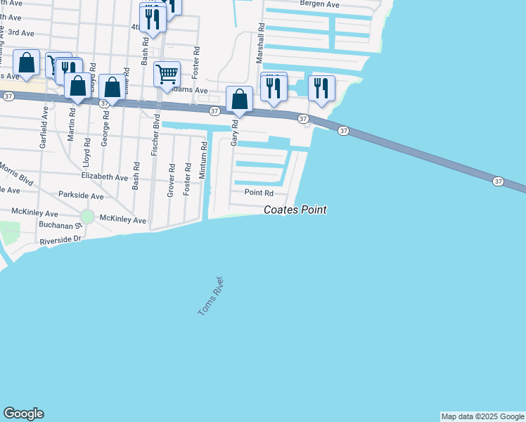 map of restaurants, bars, coffee shops, grocery stores, and more near 53 Bay Shore Drive in Toms River