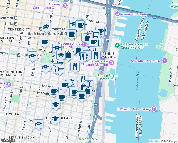 map of restaurants, bars, coffee shops, grocery stores, and more near 240 South 2nd Street in Philadelphia